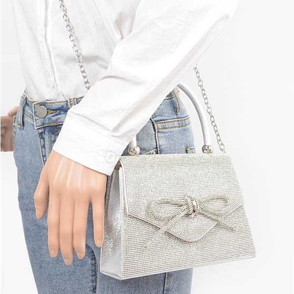 Rhinestone Silver Bow Handbag with Chain Strap
